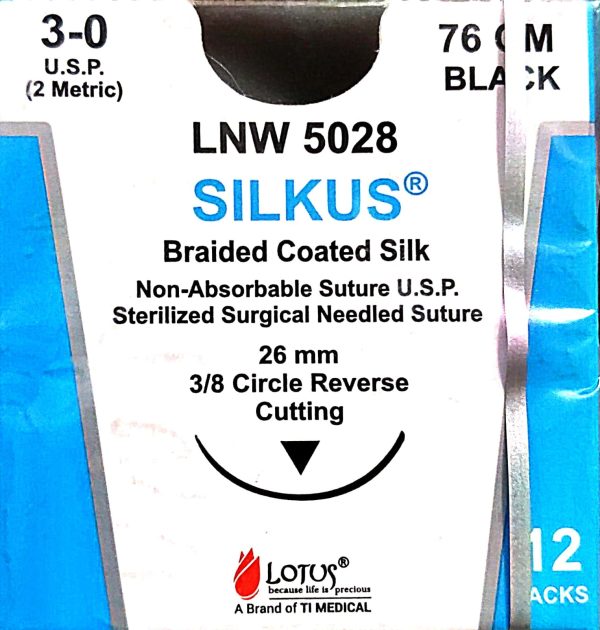 Lotus Silkus #3-0 Black Braided Silk Sutures (Pack of 12)