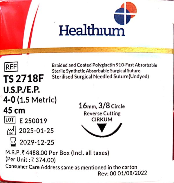 Healthium TS2718F Braided Coated Polyglactin Absorbable Surgical Suture, 4-0